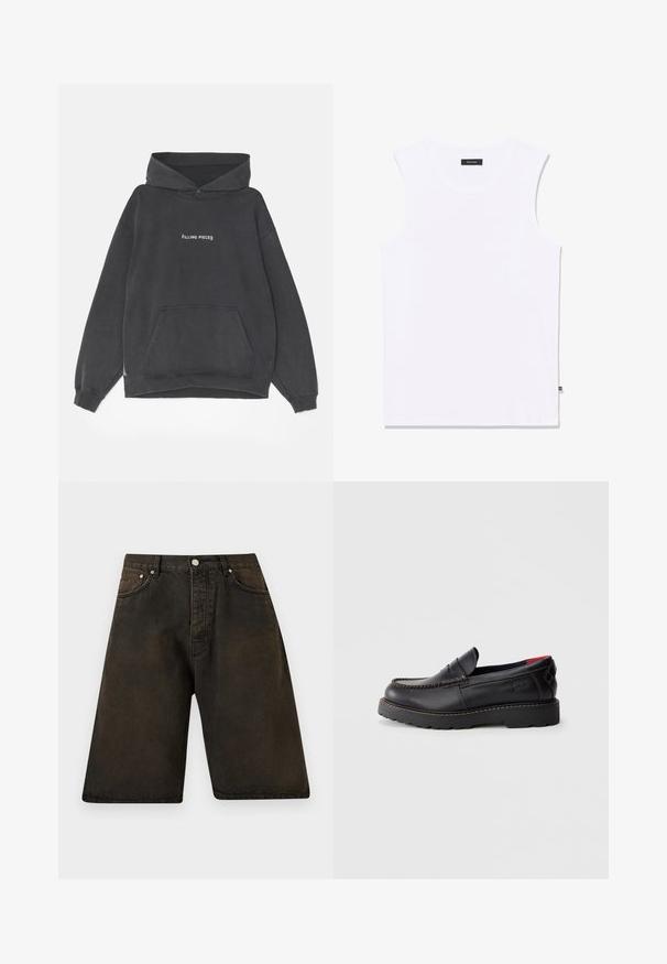 Filling Pieces HANDSHAKE VINTAGE - Hoodie - black; Witte mouwloze top met ronde hals, voorzien van een klein zwart label bij de kraag en een klein zwart zijlabel aan de zoom.; Zwarte denim shorts tot op de knie met voorzakken, riemlussen en een knoopsluiting tegen een effen achtergrond.; Zwarte leren instapper met moccasin-stiksel, rubberen zool en een gestructureerde afwerking. Bevat subtiele branding aan de zijkant.