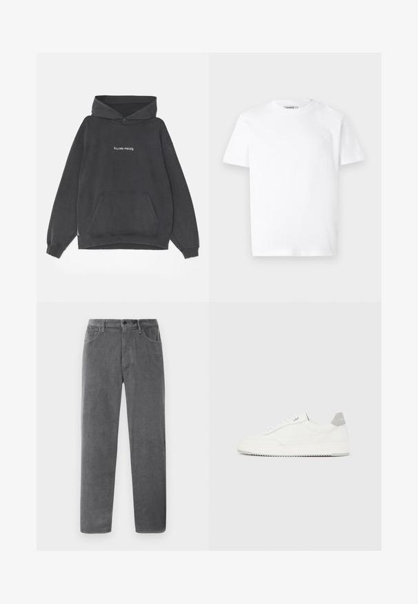 Filling Pieces HANDSHAKE VINTAGE - Kapuutsiga pusa - black; Valge puuvillane T-särk ümarate kaelustega ja lühikeste varrukatega. Vasakul rinnal on väike, reljeefne logo. Sile tekstuur.; Hallid puuvillased püksid sirge lõikega, millel on kaks eesmist taskut, nupuga sulgemine ja tekstuuriga vertikaalsed sooned.; Valge madala lõikega tennisking halli kandklambri, valgete paelte ja tekstuuriga tallaga, esitletud ühtlasel heledal taustal.
