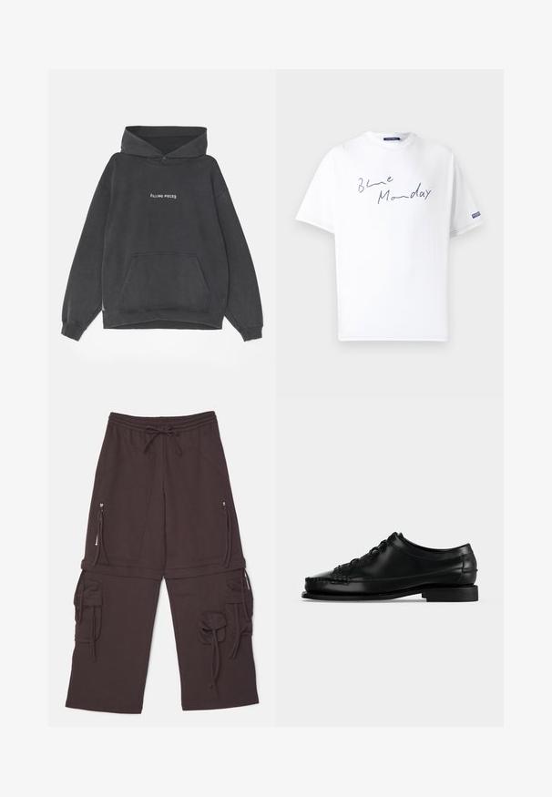 Filling Pieces HANDSHAKE VINTAGE - Kapuzenpullover - black; Weißes Baumwoll-T-Shirt mit lockerer Passform, mit blauer handgeschriebener Schrift "Blue Monday" auf der Vorderseite und einem Logosticker am Ärmel.; Braune Sweatpants mit einem elastischen Bund, verstellbarem Zugband, zwei seitlichen Reißverschlusstaschen und Cargo-Stil Akzenten mit Bindebändern.; Schwarzer Lederschnürschuh mit niedrigem Absatz und Mokassinnaht, dargestellt im linken Profil vor einfarbigem Hintergrund.