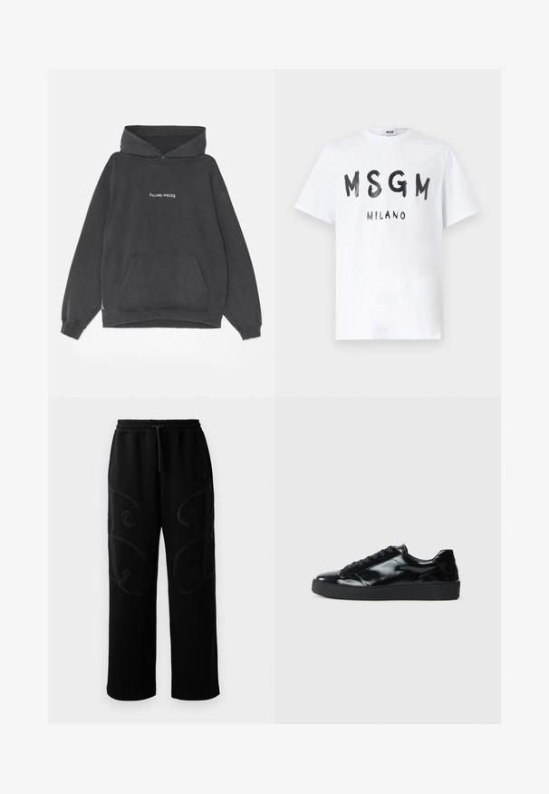 Filling Pieces HANDSHAKE VINTAGE - Hoodie - black; Witte T-shirt met korte mouwen, voorzien van een zwart MSGM-logo in penseelstreekstijl en de tekst "MILANO" gecentreerd aan de voorkant.; Zwarte sweatpants met een comfortabele pasvorm, voorzien van complexe draaiende stikpatronen langs de zijkanten en een elastische tailleband met trekkoord.; Zwarte gepatenteerde leren sneakers met een ronde neus, vetersluiting, een gestructureerde rubberen zool en een glanzende afwerking.