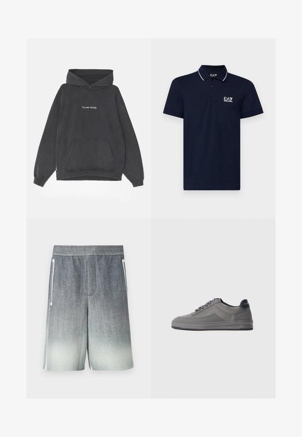 Filling Pieces HANDSHAKE VINTAGE - Hættetrøje - black; Mørkeblå polo-shirt lavet af bomuld med klassisk krave, tre-knaps placket og hvide accentlinjer omkring kraven og ærmerne. EA7-logo i hvid.; Grå gradient afslappede shorts med elastisk talje og hvide sidestriber, knælange, vist på en ensfarvet baggrund.; Grå sneakers med tekstureret stof, glatte detaljer, rund tå og gummisål. Har kontrasterende mørk hælflap og snørebånd. Minimalistisk design.