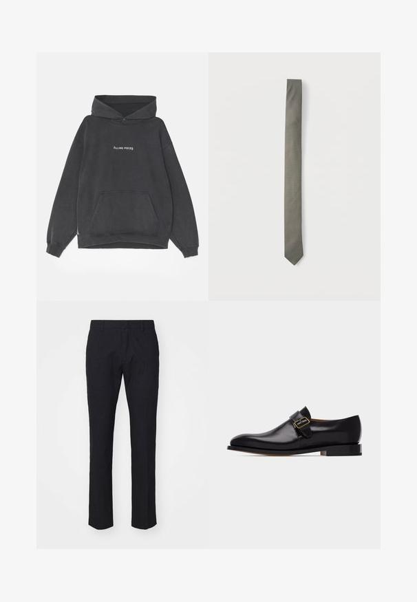 Filling Pieces HANDSHAKE VINTAGE - Kapuzenpullover - black; Marineblaues Hosen im maßgeschneiderten Schnitt, hergestellt aus glattem Stoff. Mit flachem Frontschnitt, Gürtelschlaufen und geraden Beinen mit einem sauberen Saum.; Schwarzer Herrenschuh aus Leder mit einer goldfarbenen Schnalle an der Seite und einem niedrigen, gestapelten Absatz, von außen auf weißem Hintergrund gezeigt.; Schlanke grau Krawatte mit feinem weißen Mikro-Karo-Muster auf weißem Hintergrund flach ausgelegt.