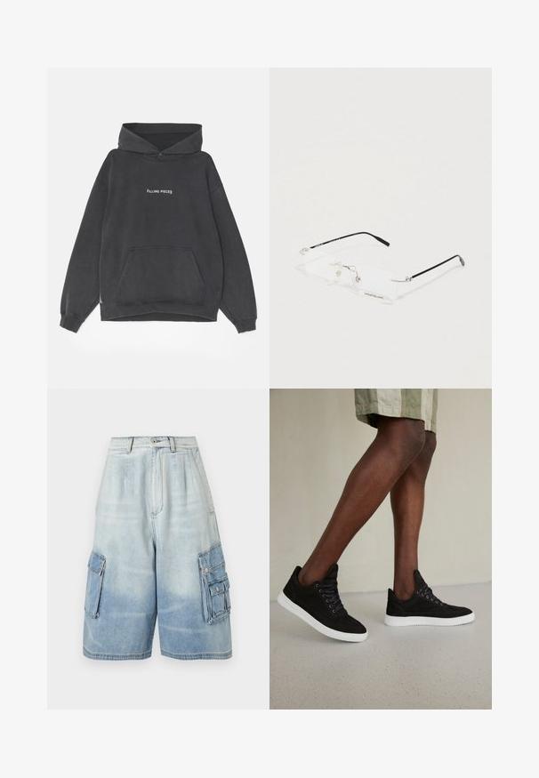 Filling Pieces HANDSHAKE VINTAGE - Hættetrøje - black; Lyseblå denim cargoshorts med flere klaffelommer og knaplukninger, med høj talje og vid pasform.; Sorte ruskinds sneakers med hvide gummisåler, med runde snørebånd, lav-top design og en glat overflade.; Rimløs rektangulær Montblanc briller med tynde sorte stænger og klare næsepuder på hvid overflade.