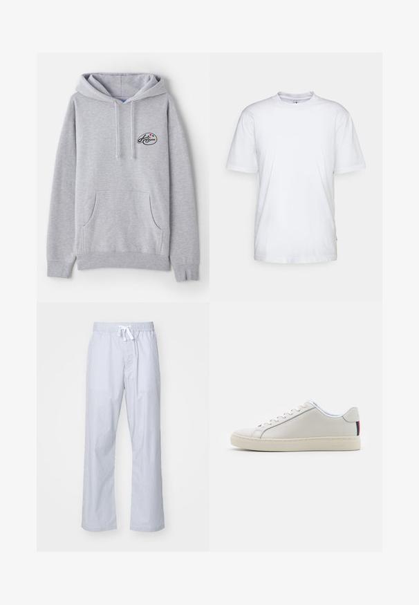 Lys grå hoodie lavet af en blanding af bomuld. Har en kengurulomme, snore samt et lille logo med farverige accenter på brystet.; Hvid bomulds t-shirt med rund hals, korte ærmer og lige kant. Har et lille mærke på den venstre sidesøm.; Lyseblå stribede pyjamasbukser med elastisk talje og snøre. Lavet af et glat stof, der har et afslappet, lige bendesign.; Hvide lædersneakers med en glat tekstur, rund tå, flad sål og matchende snørebånd. Har en farverig stribet detalje på hælen.