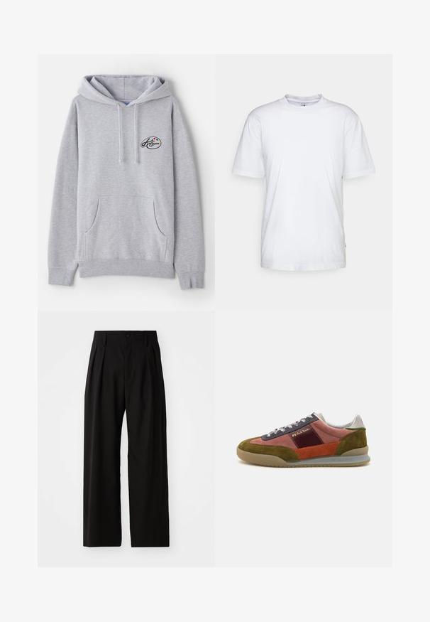 Lichtgrijze hoodie van een katoenmix. Beschikt over een kangoeroezak, trekkoorden en een klein logo met kleurrijke accenten op de borst.; Witte katoenen t-shirt met een ronde hals, korte mouwen en een rechte zoom. Heeft een klein merktag aan de linkerkant van de zijnaad.; Zwarte wijde broek met een gladde textuur, voorzien van twee voorklokken, een knoopsluiting en zijzakken. Duurzaam materiaal.; PS Paul Smith DOVER - Sneakers laag - pink