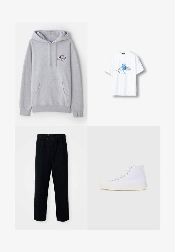 Lichtgrijze hoodie van een katoenmix. Beschikt over een kangoeroezak, trekkoorden en een klein logo met kleurrijke accenten op de borst.; Wit T-shirt met korte mouwen met een blauwe botanische afbeelding en de tekst "Le Midi Hôtel du Rivage Saint-Jean-de-Luz" gecentreerd aan de voorkant.; Zwarte corduroy broek met een rechte snit, geplooide voorkant en een riem met een zilveren gesp. Voorzien van zijzakken en een gestructureerde stof.; Witte canvas hoge sneakers met ronde teen, metalen oogjes en crèmekleurige rubberen zool. Soepele textuur met minimale ontwerpelementen.