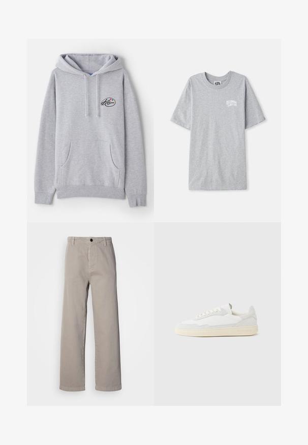 Hoodie gris clair en mélange de coton. Doté d'une poche kangourou, de cordons de serrage et d'un petit logo avec des accents colorés sur la poitrine.; T-shirt à manches courtes gris clair avec un petit logo blanc "Billionaire Boys Club" sur la poitrine gauche.; Pantalons larges beiges en coton doux, dotés d'une fermeture à bouton et de passants de ceinture. Texture lisse avec un design épuré et minimal.; Baskets blanches avec dessus en daim et cuir texturé. Caractérisées par un bout arrondi, une fermeture à lacets et une semelle en caoutchouc beige contrastante.
