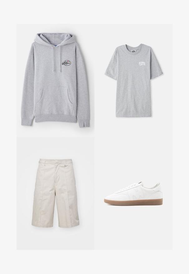 Lichtgrijze hoodie van een katoenmix. Beschikt over een kangoeroezak, trekkoorden en een klein logo met kleurrijke accenten op de borst.; Lichtgrijze T-shirt met korte mouwen en klein wit logo "Billionaire Boys Club" op de linkerborst.; Beige katoenen shorts met een rechte snit, knie-lang, met twee voorzakken en subtiele plooien voor extra textuur.; Witte lage sneaker met een zool van geschuurd rubber, gestikte overlays en een vetersluiting op een neutrale achtergrond.