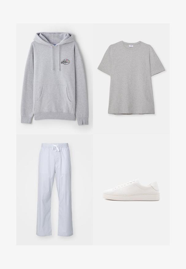 Lys grå hoodie lavet af en blanding af bomuld. Har en kengurulomme, snore samt et lille logo med farverige accenter på brystet.; Grå kortærmet T-shirt lavet af blødt, struktureret stof. Har en klassisk rund hals og en lige kant, velegnet til afslappet brug.; Lyseblå stribede pyjamasbukser med elastisk talje og snøre. Lavet af et glat stof, der har et afslappet, lige bendesign.; Hvid lædersneaker med en glat overflade, rund tå, seks-huls snørebånd og en struktureret gummisål. Minimalistisk design uden mønstre.