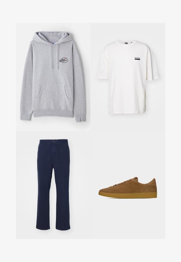 Hoodie gris clair en mélange de coton. Doté d'une poche kangourou, de cordons de serrage et d'un petit logo avec des accents colorés sur la poitrine.; T-shirt en coton blanc à coupe décontractée, col rond et manches courtes. Présente une petite étiquette noire sur la poitrine gauche.; Pantalon en coton bleu marine avec une coupe droite, doté d'une fermeture à bouton à l'avant et de poches latérales. Texture lisse avec un minimum de détails.; Baskets basses en daim marron avec lacets assortis et semelle en caoutchouc gomme, présentées en profil gauche sur un fond gris clair uni.