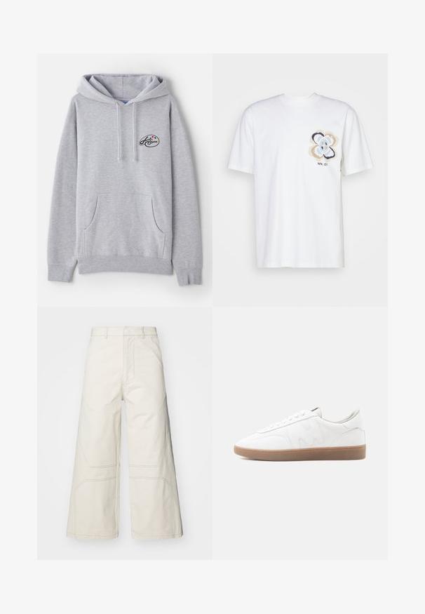 Lys grå hoodie lavet af en blanding af bomuld. Har en kengurulomme, snore samt et lille logo med farverige accenter på brystet.; Hvid bomulds t-shirt med et farverigt blomstermotiv på venstre side og teksten "NN. 07" i sort. Korte ærmer og rund halsudskæring.; A-COLD-WALL* FORMAT PANT - Bukser - beige bone; Hvid lav sneaker med gummisål i naturfarve, syninger og snørebånd på neutral baggrund.