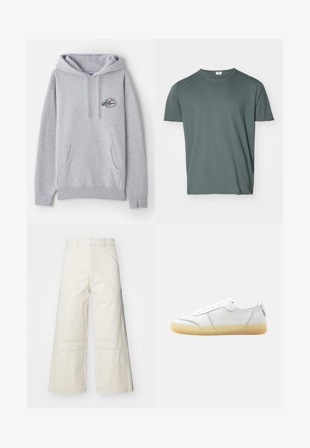 Hoodie gris clair en mélange de coton. Doté d'une poche kangourou, de cordons de serrage et d'un petit logo avec des accents colorés sur la poitrine.; T-shirt à col rond vert foncé, à manches courtes, en tissu doux, coupe décontractée, texture lisse, sans motifs ni accents visibles.; A-COLD-WALL* FORMAT PANT - Pantalon classique - beige bone; Baskets basses en cuir blanc avec semelle beige translucide, lacets à l’avant et détails de couture minimalistes, vues de côté sur un fond uni.