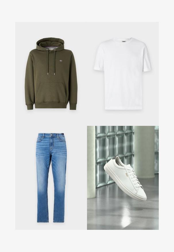 Olivgrüne Kapuzenjacke aus einem Baumwollmischgewebe, mit einer frontalen Kängurutasche, verstellbaren Zugbändern und einem kleinen Logo auf der Brust.; Weißes Baumwoll-T-Shirt mit Rundhalsausschnitt, kurzen Ärmeln und umgeschlagenen Bündchen; schlichtes Design, weiche Textur und gerade geschnitten.; Hellblaue Denim-Jeans mit geradem Schnitt, fünf Taschen, vorderem Knopfverschluss und dezenten Ausbleichungen an den Oberschenkeln.; Weißer Leder-Low-Top-Sneaker mit Schnürsenkeln, schwarzer Fersenschlaufe und „BOSS“-Logo, der drinnen nahe einer Glassteinwand und einem polierten Boden schwebt.