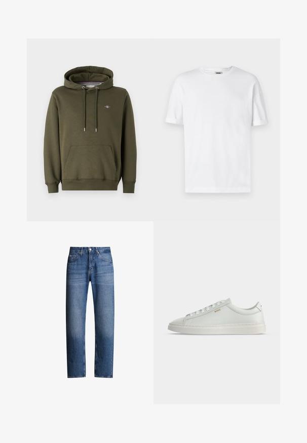 Olijfgroene hoodie van katoenmix, met een voorzak, verstelbare koordjes en een klein logo op de borst.; Witte katoenen t-shirt met een ronde hals, korte mouwen en omgeslagen mouwen; ongecompliceerd ontwerp, zachte textuur en rechte snit.; Blauwe denim jeans met een rechte pasvorm, vijf zakken en een rits. Heeft een lichte vervaging en stiksel langs de naden.; Witte lage leren sneaker met veters, platte zool en klein gouden "BOSS" logo aan de zijkant, gezien vanaf de buitenkant.