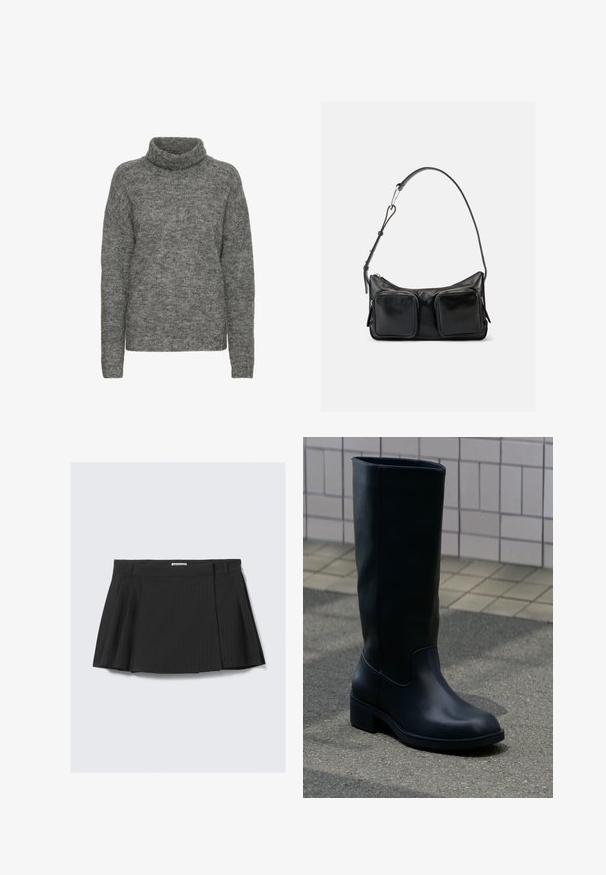 Grå turtleneck sweater lavet af blødt strikmateriale, med en afslappet pasform og lange ærmer med en subtil tekstur hele vejen igennem.; Sort plisseret nederdel med et pinstripe mønster, lavet af struktureret stof med en talje, designet til en tætsiddende pasform.; Høj sort læderstøvle med lav chunky hæl, der står på fortov nær flisebeklædt væg baggrund.; Sort skuldertaske i læder med justerbar rem og to store forlommer med lynlås på en ensartet lys baggrund.