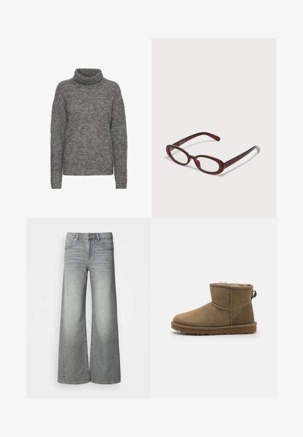 Grå turtleneck sweater lavet af blødt strikmateriale, med en afslappet pasform og lange ærmer med en subtil tekstur hele vejen igennem.; Højtbuxede grå vide jeans med frontknap og lynlås, for- og baglommer, vist på en ensfarvet hvid baggrund.; Brune ruskind ankelstøvle med en blød, fuzzy foring, rund tå og en løkkeaccent bagpå. Flad gummisål med struktureret greb.; Ovale røde solbriller med klare linser og slanke brune stel. Designet har subtile kurver og minimalt hardware.
