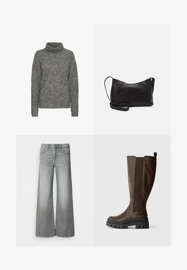 Grå turtleneck sweater lavet af blødt strikmateriale, med en afslappet pasform og lange ærmer med en subtil tekstur hele vejen igennem.; Højtbuxede grå vide jeans med frontknap og lynlås, for- og baglommer, vist på en ensfarvet hvid baggrund.; Brune læder knæhøje støvler med en mat finish, elastiske sider og en kraftig sort gummisål. Lige form med en rund tå.; Sort læder skuldertaske med en glat tekstur, buet form, justerbar rem og lynlås. Minimalistisk design uden udsmykninger.