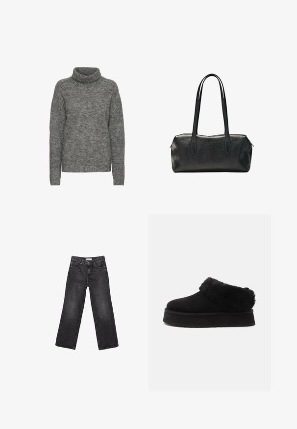 Grå turtleneck sweater lavet af blødt strikmateriale, med en afslappet pasform og lange ærmer med en subtil tekstur hele vejen igennem.; Sorte denimjeans med brede ben, for- og baglommer, knaplukning og bæltestropper, lagt fladt på en hvid baggrund.; Sort slip-on platformsko med tyk, polstret sål og fluffy pelskrave rundt om åbningen.; Sort rektangulær læderhåndtaske med to lange skulderstropper og en lynlåslukning øverst.