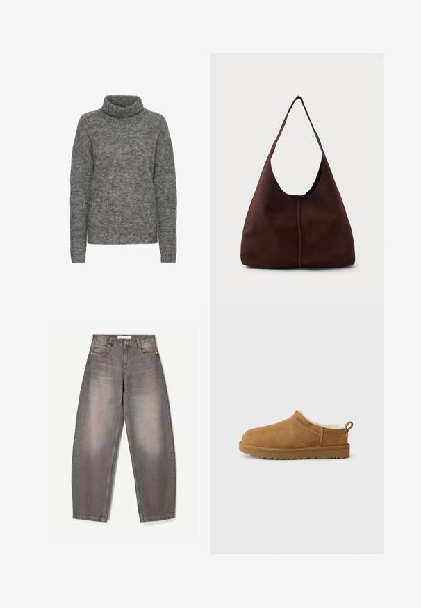 Grå turtleneck sweater lavet af blødt strikmateriale, med en afslappet pasform og lange ærmer med en subtil tekstur hele vejen igennem.; Bredde ben grå jeans lavet af denim, med subtil falmning, fem-lomme design, bæltestropper og en knaplukning i taljen.; Brune ruskind slip-on sko med blødt, hvidt pelsfor, flad gummisål, rund tå og lille trækstrop ved hælen.; Brun suedette hobo taske med en stor, buet åbning og en bred skulderrem. Har en centreret søm på forsiden. Glat tekstur.