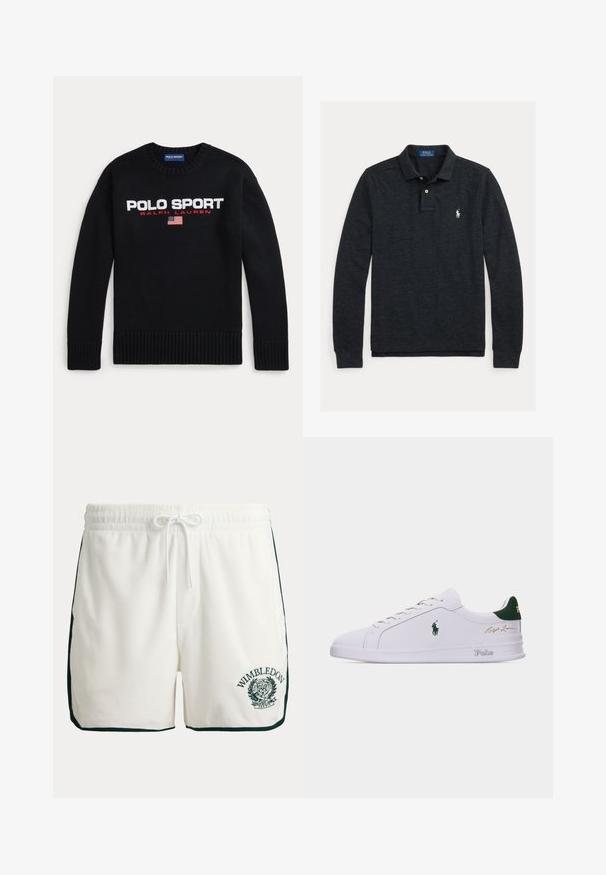 Pull noir à col rond avec le texte "POLO SPORT RALPH LAUREN" et un petit drapeau américain brodé sur la poitrine.; Polo gris foncé à manches longues avec col, patte à deux boutons et logo Polo Ralph Lauren blanc brodé sur la poitrine gauche.; Shorts en tissu éponge blanc avec bordure noire et logo Wimbledon sur la partie inférieure de la jambe droite, avec une taille élastique et un cordon de serrage.; Baskets blanches basses avec languette de talon verte, logo brodé du cheval Polo sur le côté, texte "Polo" sur la semelle, et signature dorée "Ralph Lauren" sur la tige.