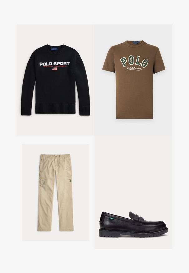 Sort crewneck-trøje med teksten "POLO SPORT RALPH LAUREN" og et lille amerikansk flag broderet på brystet.; Brun t-shirt med korte ærmer med grøn og hvid "POLO Ralph Lauren" tekst på fronten og lille hvid polospiller-logo nær bundkanten.; Beige bomuldsbukser med broderede motiver, herunder træer og bjerge, med knaplukning og bæltestropper.; Sort læderloafer med tyk, mønstret sål og lille grøn "Polo"-mærke på ydersiden nær hælen.