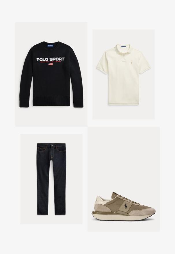 Čierny pulóver s okrúhlym výstrihom s textom "POLO SPORT RALPH LAUREN" a malou vyšitou americkou vlajkou na hrudi.; Polokošeľa z béžovej bavlnenej látky, s klasickým golierom, krátkymi rukávmi a malým vyšitým logom na ľavej strane hrude.; Tmavomodré slim-fit džínsy s piatimi vreckami, zapínaním na gombíky a kontrastným prešívaním, položené na svetlom pozadí.; Bočný pohľad na béžovo-hnedú tenisku s semišovými detailmi a logom Polo na boku na jednoduchom pozadí.