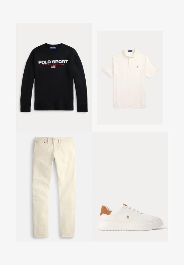 Pull noir à col rond avec le texte "POLO SPORT RALPH LAUREN" et un petit drapeau américain brodé sur la poitrine.; Polo blanc à manches courtes avec col, patte de boutonnage à trois boutons et petit logo brodé sur la poitrine gauche.; Pantalon beige clair à jambes droites en tissu texturé. Dispose de cinq poches et de ferrures métalliques marron. Aucun motif ou accent visible.; Baskets basses blanches avec languette de talon beige, lacets blancs et petit logo brodé d'un joueur de polo sur le côté au-dessus d'une semelle épaisse.