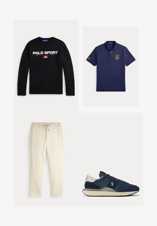 Sort crewneck-trøje med teksten "POLO SPORT RALPH LAUREN" og et lille amerikansk flag broderet på brystet.; Marineblå bomulds polo med korte ærmer, tre-knaps lukning og broderet logo med krone og skjold på brystet.; Off-white afslappede bukser med elastisk talje og snor, lige ben og sidelommer mod en ensfarvet baggrund.; Marineblå og hvid sneaker med ruskind og stofpaneler, hvidt logo på siden, hvid hælkappe og beige sål med sort slidbane.