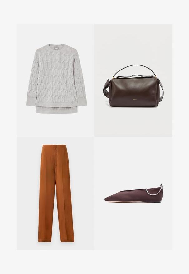 Suéter de punto trenzado gris claro con mangas largas, cuello redondo y puños y dobladillo acanalados, dispuesto en plano sobre un fondo blanco.; Pantalones de pierna ancha en un color marrón cálido, con una textura suave, cintura alta y costuras en blanco que contrastan a lo largo de las costuras.; Zapato plano de punta fina de color marrón oscuro con un tacón bajo y un detalle de cadena de pedrería plateada en la parte trasera.; Bolso de hombro de cuero marrón con un diseño estructurado, que presenta un logo dorado, cierre superior con cremallera y una correa desmontable. Textura suave.