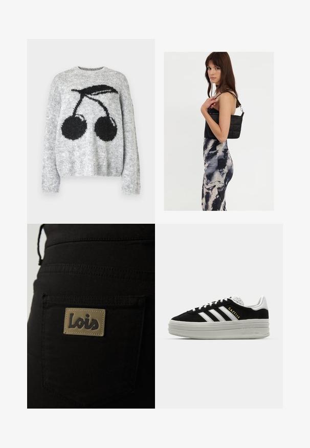 Noisy May NMSUTTON CHERRY - Jersey de punto - light grey melange; Pantalones de tela negra con un bolsillo trasero que lleva una etiqueta marrón con el nombre "Lois" grabado en letras oscuras. Detalles de costura visibles.; Zapatillas negras de ante con detalles en cuero blanco, tres rayas blancas, cordones planos y una gruesa suela de plataforma gris. Marca "Gazelle" en dorado.; Bolso de hombro negro acolchado con una sola correa y herrajes plateados, combinado con un vestido ajustado de patrón tie-dye en tonos de negro y crema.