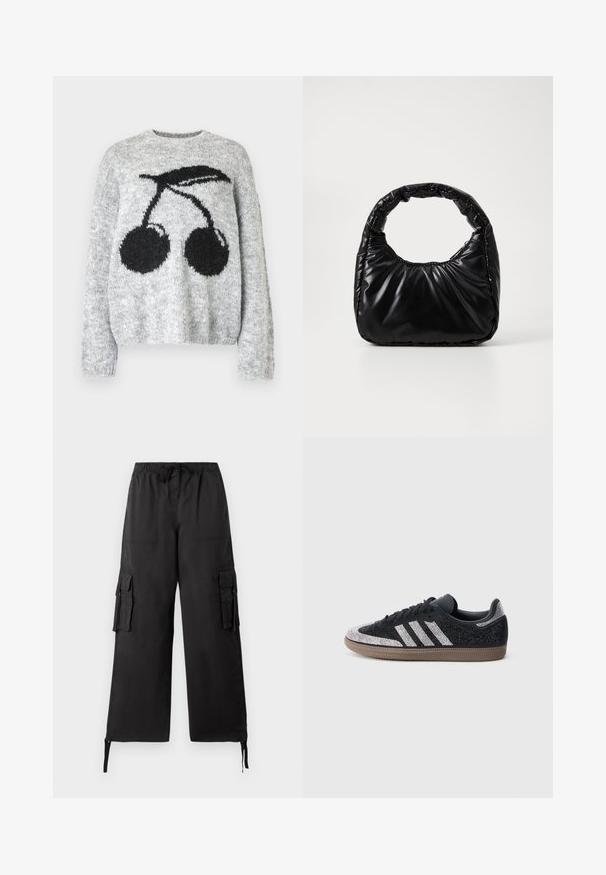 Noisy May NMSUTTON CHERRY - Jersey de punto - light grey melange; Tommy Jeans ELASTICATED PANT - Pantalones cargo - black; Zapatilla negra con detalles plateados brillantes y tres rayas blancas. Cuenta con un diseño de corte bajo, parte superior texturizada y suela de goma marrón.; Bolso negro acolchado con un asa redondeada, que presenta una superficie lisa y brillante y una textura suave y acolchada. Sin herrajes ni acentos visibles.