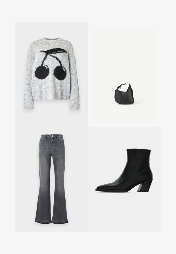 Noisy May NMSUTTON CHERRY - Trui - light grey melange; Hoge taille flare jeans in vervaagd zwart denim. Voorzien van een knoopsluiting, ontwerp met vijf zakken en rafelige zoomdetails.; Zwarte leren enkelboot met een spitse neus, een slanke silhoeet en een chunky vierkante hak. Gladde textuur met minimale stikdetails.; Zwarte lederen schoudertas met een afgeronde driehoekige vorm en verstelbare riem op een effen lichte achtergrond.