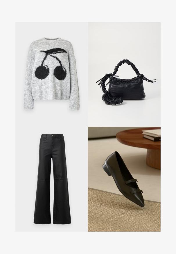 Noisy May NMSUTTON CHERRY - Pullover - light grey melange; Jean noir à jambe large en denim lisse, avec une fermeture à bouton, des poches avant et une taille haute.; Chaussure plate en cuir noir avec bout pointu et deux fines lanières à l'avant, posée sur une surface tissée texturée.; Sac à main en simili cuir noir avec une texture crocodile, un dessus resserré et une sangle froncée. A l'apparence douce et compacte.