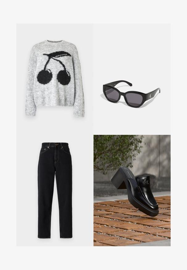Noisy May NMSUTTON CHERRY - Jersey de punto - light grey melange; Jeans de mezclilla negros con un diseño de pierna recta, cintura alta y costuras en contraste. Cuenta con cinco bolsillos y cierre de cremallera.; Mule tipo slip-on de cuero negro de Calvin Klein con tacón de bloque descansando sobre baldosas de madera al aire libre cerca de una planta verde y una pared gris.; Gafas de sol negras con un diseño elegante y angular, lentes oscuros y un logo plateado en contraste en el lateral. Textura de plástico suave.
