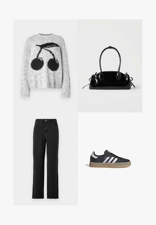 Noisy May NMSUTTON CHERRY - Jersey de punto - light grey melange; Jeans anchos de mezclilla negra con textura, con bolsillos frontales y cierre de botón sobre un fondo liso.; Zapatilla deportiva de cuero negro con tres rayas plateadas, punta texturizada y suela de goma. Cuenta con un collar acolchado y un diseño con cordones.; Pequeño bolso negro brillante con dos asas largas y detalles de cordón lateral sobre un fondo claro liso.