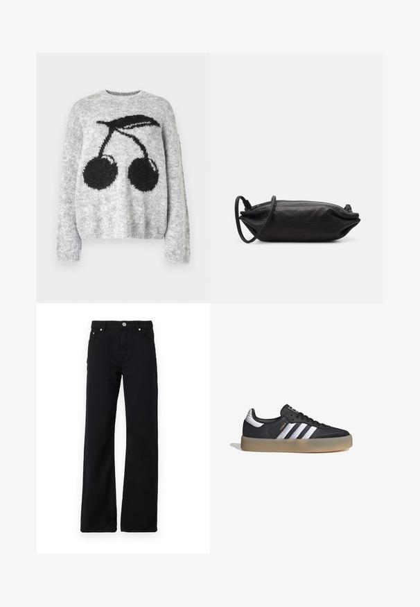 Noisy May NMSUTTON CHERRY - Jersey de punto - light grey melange; Vaqueros de denim negro con corte recto, que presentan un cierre de cremallera, cinco bolsillos y costuras visibles. Sin patrones ni gráficos.; Zapatilla deportiva de cuero negro con tres rayas plateadas, punta texturizada y suela de goma. Cuenta con un collar acolchado y un diseño con cordones.; Bolso de mano de cuero negro con forma rectangular, textura suave, correa delgada para el hombro y diseño minimalista.