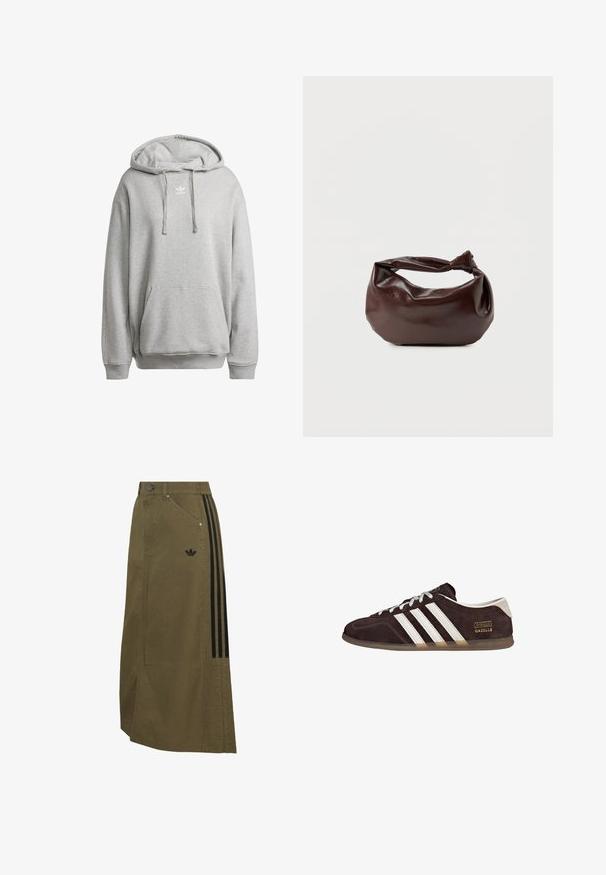 Sudadera con capucha gris hecha de una mezcla de algodón, con un bolsillo frontal, puños de canalé y un logo blanco en el pecho.; Falda larga verde oliva con bolsillos laterales, logo negro de Adidas y tres rayas negras que corren verticalmente en un lado.; Zapatillas de ante marrón con tres rayas blancas, suela de goma y etiqueta con texto "Gazelle" en dorado. Diseño con cordones grises.; Bolso de hombro de cuero marrón oscuro con una forma suave y caída, y un asa con nudo torcido sobre un fondo blanco liso.