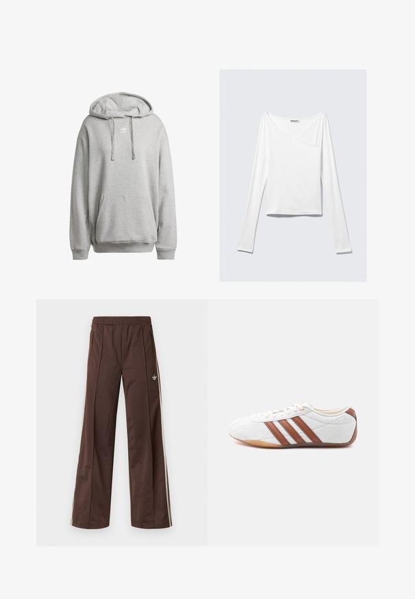 Sudadera con capucha gris hecha de una mezcla de algodón, con un bolsillo frontal, puños de canalé y un logo blanco en el pecho.; Top blanco de manga larga con diseño cruzado y un bolsillo. Fabricado en una tela suave y elástica. Con un corte casual y relajado.; Pantalones deportivos marrones con diseño de pierna ancha, franjas laterales blancas, cintura elástica y dos bolsillos laterales. Presentan un pequeño logo en la pierna.; Zapatilla blanca de corte bajo con franjas de cuero marrón, cierre de cordones y suela de goma color caramelo, mostrada desde el lado interior sobre un fondo blanco.