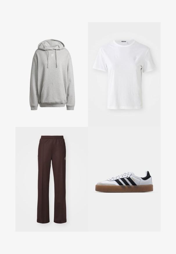 Sudadera con capucha gris hecha de una mezcla de algodón, con un bolsillo frontal, puños de canalé y un logo blanco en el pecho.; Camiseta blanca de manga corta hecha de una tela suave. Cuenta con un escote redondo y un corte recto, con una etiqueta en el cuello interior.; Pantalones deportivos marrones con una cinturilla elástica, dos bolsillos laterales y un pequeño logo en el lado izquierdo, hechos de una tela suave.; Zapatillas de cuero blancas con rayas negras, suela de goma, puntera redonda, cierre de cordones y caperuza de ante gris suave.