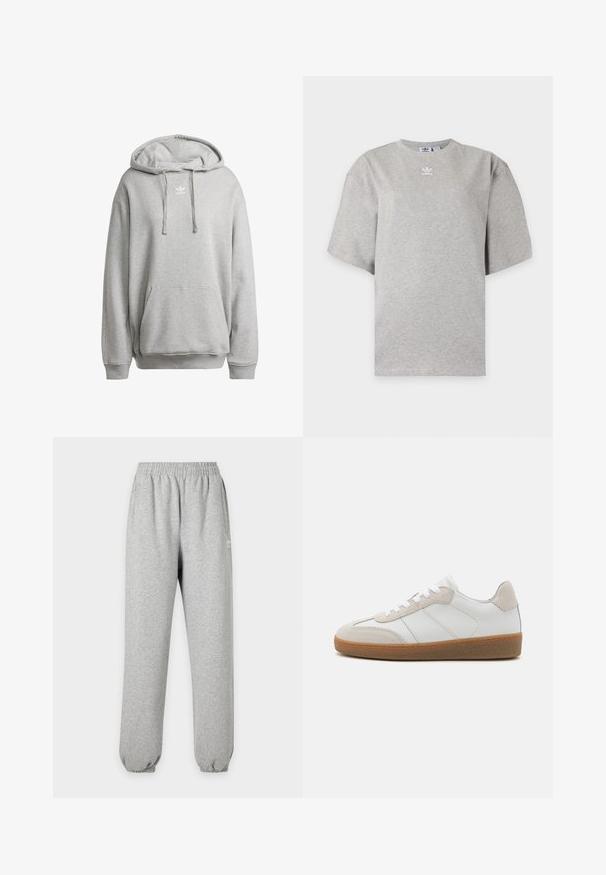 Halliga halli kaelusega sweatshirt, mis on valmistatud puuvilla segust, sisaldab eesmist taskut, soonikuid ja valget logo rinnal.; Helehall Adidas lühikeste varrukatega t-särk, ümara kaelusega ja väikese valge Adidas logoga rinnal, esitatud lihtsal taustal.; Heledat hallid dressipüksid elastse vöökohaga ja mansettidega, küljetaskud ning väike valge logo reie ülaosas.; Valged nahast spordijalatsid, millel on beežist sametist aksessuaarid, tekstureeritud keel ja kummitald. Omab valgeid paelu ja peeneid õmblusdetailide.