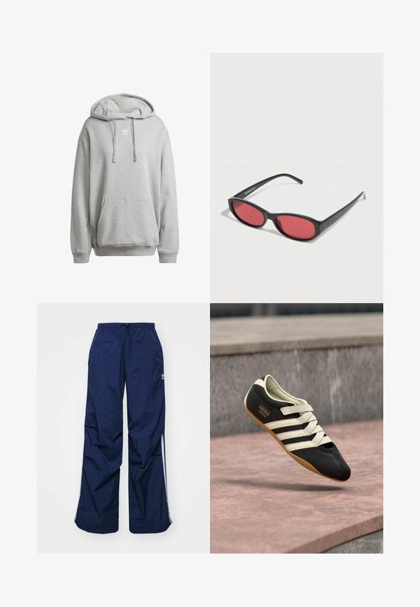 Sudadera con capucha gris hecha de una mezcla de algodón, con un bolsillo frontal, puños de canalé y un logo blanco en el pecho.; Pantalones de color azul marino, ligeros, con cintura elástica y cordón ajustable, con franjas blancas laterales y un pequeño logo en la parte delantera. Diseño de corte holgado.; Zapatilla deportiva negra con rayas y cordones crema, con perfil bajo, textura suave y suela de goma para agarre. Etiqueta de la marca visible.; Gafas de sol ovaladas negras con varillas delgadas y lentes tintados de rojo descansando sobre una superficie blanca.