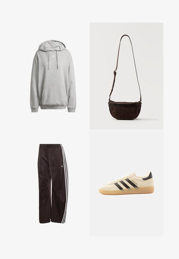 Sudadera con capucha gris hecha de una mezcla de algodón, con un bolsillo frontal, puños de canalé y un logo blanco en el pecho.; Pantalones de chándal Adidas negros con tres rayas blancas a los lados, cintura elástica, bolsillo lateral con cremallera y logotipo de Adidas en la pierna izquierda.; Zapatilla de ante color crema con rayas negras, suela de goma, lengüeta negra en el talón y texto dorado "SPEZIAL" en el lateral.; Bolso bandolera de ante marrón oscuro con una correa ajustable y un bolsillo delantero con cremallera, colocado contra un fondo claro y liso.