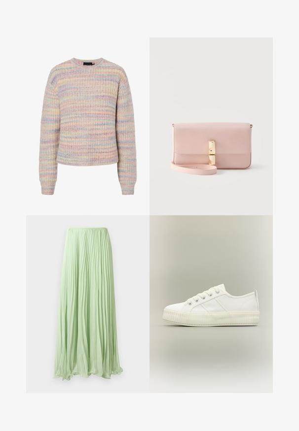 Pastel gestreepte trui van gestructureerde brei-stof. Bevat een ronde halslijn, lange mouwen en een losse pasvorm. Kleuren zijn roze, blauw en crème.; Lichtgroene geplooide lange rok van lichte stof met elastische tailleband, weergegeven tegen een witte achtergrond.; Witte lage sneaker met dikke geribde zool, veters aan de voorkant en trek-lus aan de hiel tegen een neutrale achtergrond.; Rechthoekige lichtroze leren clutch met een omslagklep, een sluiting in goudkleur en een afneembare polsriem op een grijze achtergrond.
