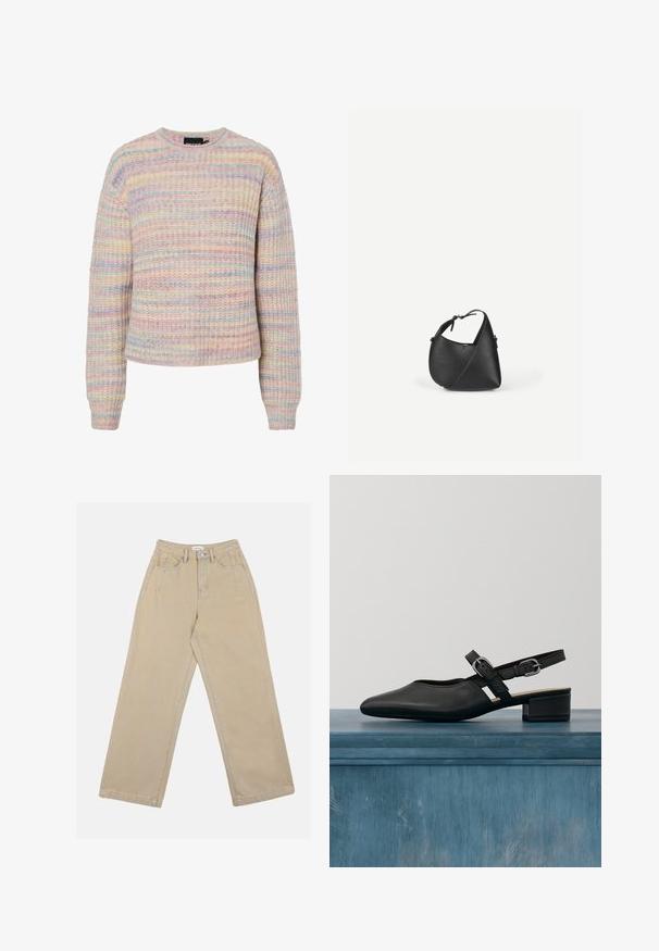 Pastel gestreepte trui van gestructureerde brei-stof. Bevat een ronde halslijn, lange mouwen en een losse pasvorm. Kleuren zijn roze, blauw en crème.; Beige wijde broek van denim, met een hoge taille, voorkruiden en contrasterende stiksels. Het ontwerp omvat een knoopsluiting.; Zwarte leren slingback schoen met een spitse neus, lage blokhak en twee verstelbare riemen met zilverkleurige gespen. Gladde textuur.; Zwarte lederen schoudertas met een afgeronde driehoekige vorm en verstelbare riem op een effen lichte achtergrond.