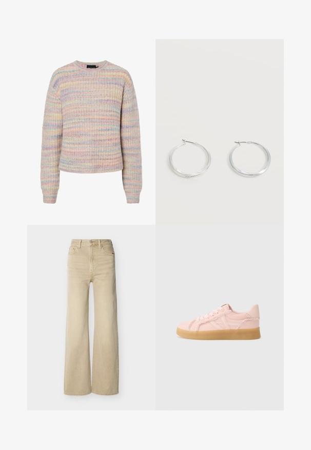Pastel gestreepte trui van gestructureerde brei-stof. Bevat een ronde halslijn, lange mouwen en een losse pasvorm. Kleuren zijn roze, blauw en crème.; Beige jeans met hoge taille en wijde pijpen, voorzien van knopen en rits aan de voorkant, voor- en achterzakken, en riemlussen, afgebeeld op een witte achtergrond.; Lichtroze sneaker met een gladde synthetische bovenkant, voorzien van rafelige accenten en een gestructureerde gumrubberen zool. Klassiek vetersluiting ontwerp.; Zilverkleurige metalen creolen oorbellen met een glad, licht gebogen oppervlak en sluitingen met haaksluiting op een effen witte achtergrond.