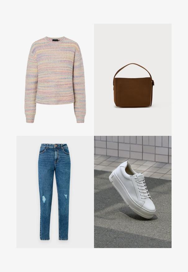 Pastel gestreepte trui van gestructureerde brei-stof. Bevat een ronde halslijn, lange mouwen en een losse pasvorm. Kleuren zijn roze, blauw en crème.; Blauwe skinny jeans met hoge taille, versleten details op de dijen en zakken, voorzien van een knoop- en ritssluiting.; Witte leren sneaker met een low-top ontwerp, platte veters, ronde neus en textuur zijden. Dikke rubberen zool met subtiele accenten.; Bruine rechthoekige schoudertas met een enkele brede handgreep en gespsluiting, tegen een effen witte achtergrond.