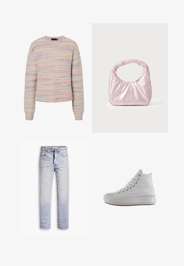 Pastellgestreifte Pullover aus strukturiertem Strickstoff. Mit Rundhalsausschnitt, langen Ärmeln und lockerer Passform. Die Farben umfassen Rosa, Blau und Creme.; Helle blaue Denim-Jeans mit geradem Bein, ausgestattet mit einem Knopfverschluss, fünf Taschen und dezenten Ausbleichungen entlang der Beine.; Weißer High-Top-Canvas-Sneaker mit weißen Schnürsenkeln, metallischen Ösen, dicker Gummisohle und strukturierter Zehenkappe, nach links auf weißem Hintergrund ausgerichtet.; Rosa, gepolsterte Handtasche mit abgerundeter Form, aus glänzendem Material gefertigt. Verfügt über einen gerafften Griff und einen Reißverschluss für sicheren Zugang.