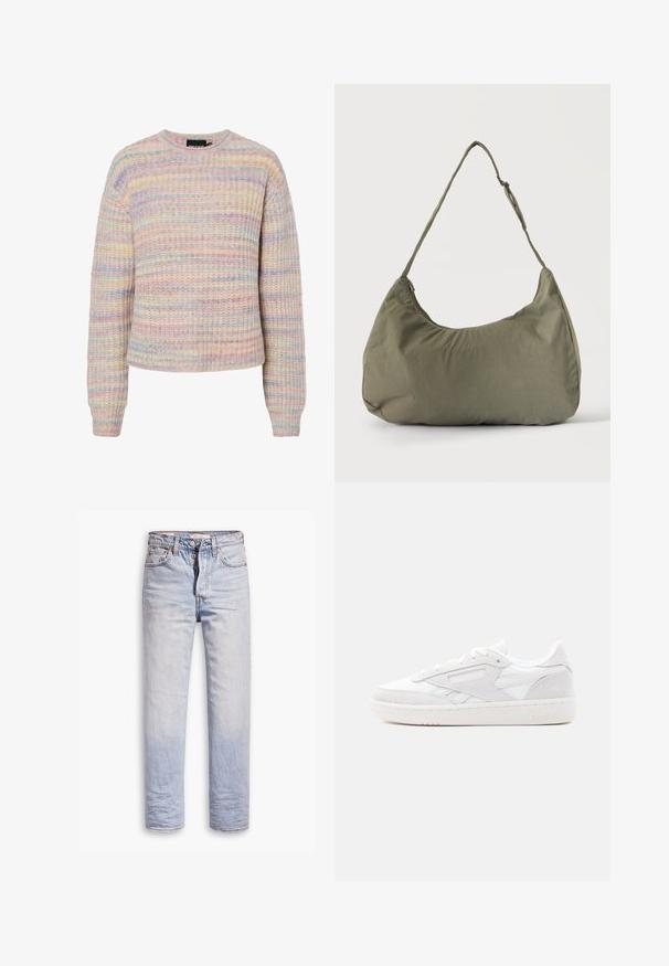 Pastel-stribet sweater lavet af tekstureret strikstof. Har en rund hals, lange ærmer og en afslappet pasform. Farverne inkluderer lyserød, blå og creme.; Lyseblå denimjeans med lige ben, der har en knaplukning, fem lommer og en diskret falmning langs benene.; Hvid lav Reebok-sneaker med ruskindsoverlejringer, snøredesign og tekstureret gummisål på en simpel lys baggrund.; Skuldertaske i blødt olivengrønt stof med lynlås og justerbar rem på ensfarvet, lyst baggrund.