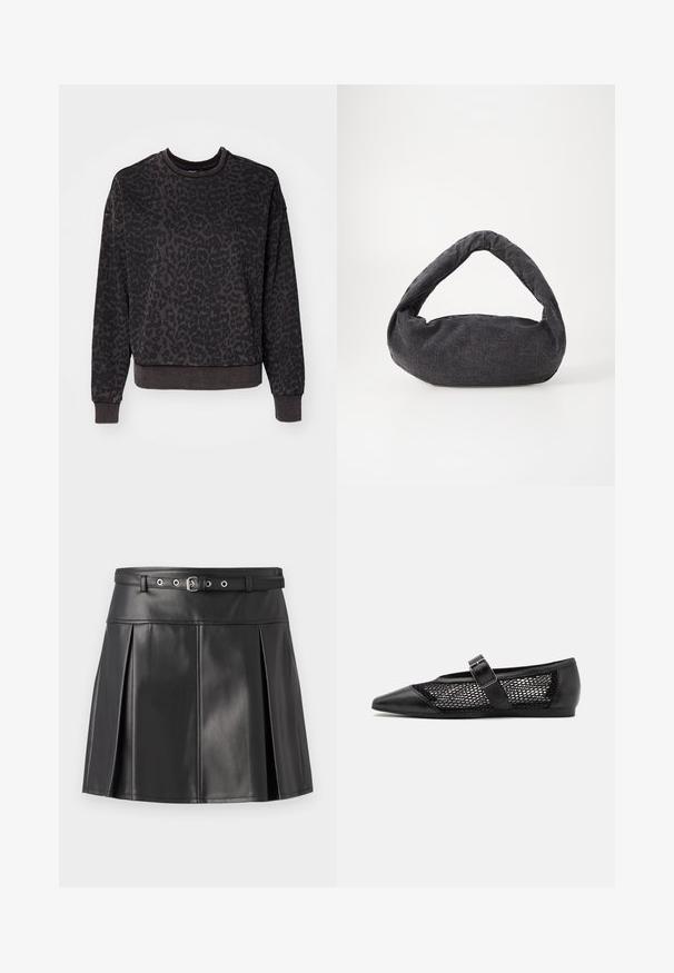 ONLY ONLVOICE O NECK - Sweatshirt - black; Jupe plissée noire en simili cuir, dotée d'une taille ajustée avec une ceinture et des accents en métal argenté. Texture lisse.; Chaussure plate noire avec un bout pointu, panneaux latéraux en maille et une sangle avec une boucle décorative. Fini lisse sur les sections du bout et du talon.; Sac en tissu gris foncé avec une anse courbée, texture douce et forme arrondie. Pas de matériel ou d'embellissements visibles.