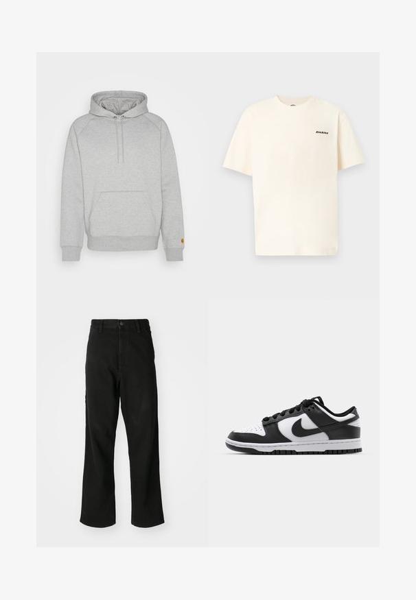 Grå hættetrøje med kængurulomme, ribbede manchetter og kant, med et logo-patch på venstre ærme. Blød stoftekstur.; Cremefarvet bomulds-T-shirt med korte ærmer, med et lille sort "Dickies"-logo på venstre brystområde. Enkel, afslappet pasform.; Sort lige ben jeans med knaplukning, bæltestropper og forlommer på en ensfarvet hvid baggrund.; Sort og hvid Nike Dunk sneakers med læderoverdel, perforeret tå, sorte snørebånd og en sort gummisål med slidbanedesign.